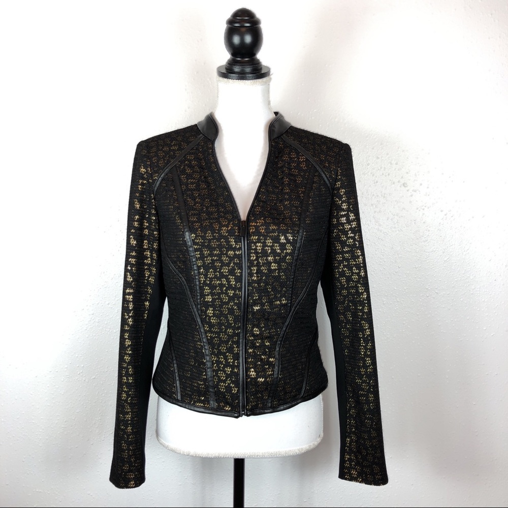 Cache Leather Trim Black Gold Jacket Blazer Size 4 - Picture 2 of 7